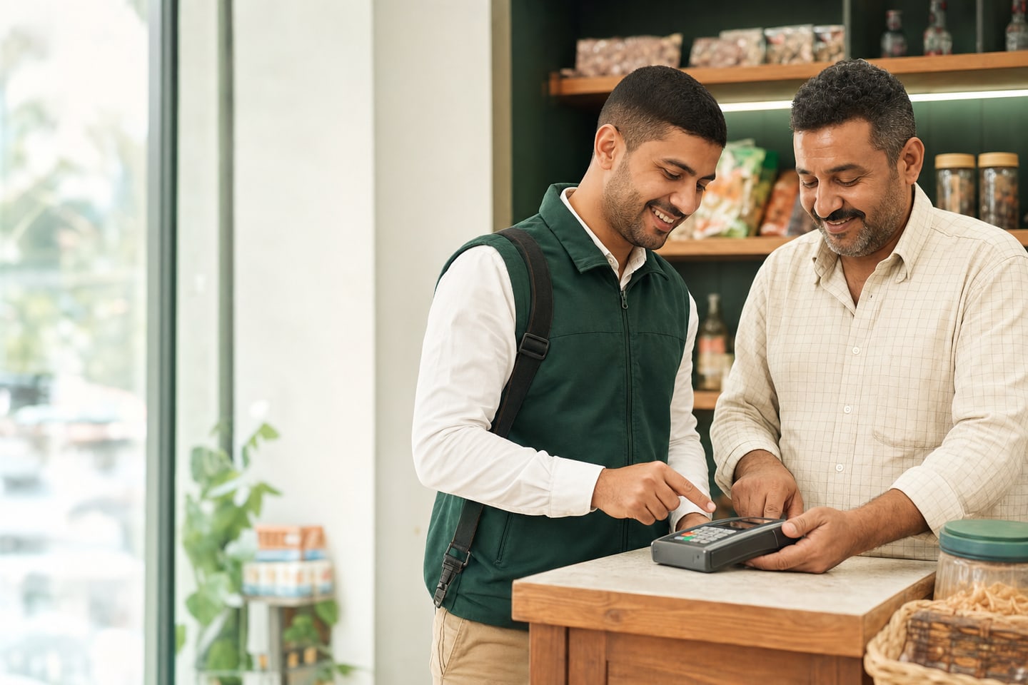 Field representative helping an Egyptian merchant use a point-of-sale device