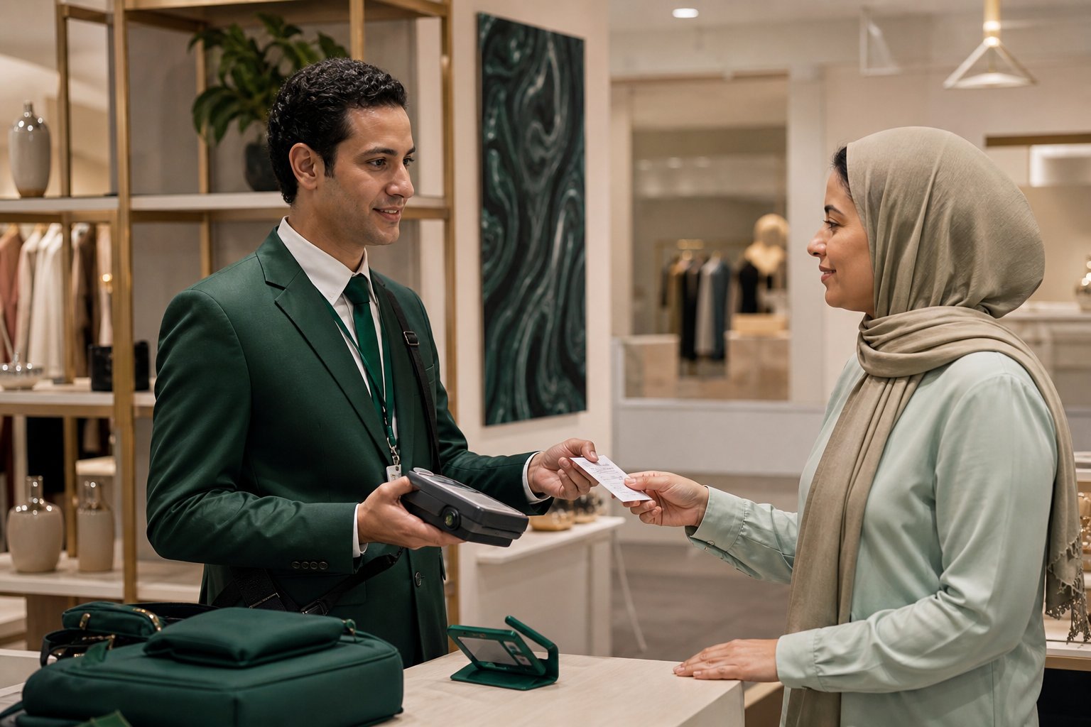 مندوب تحصيل يسلّم إيصالاً لعميلة بعد إتمام معاملة موثقة