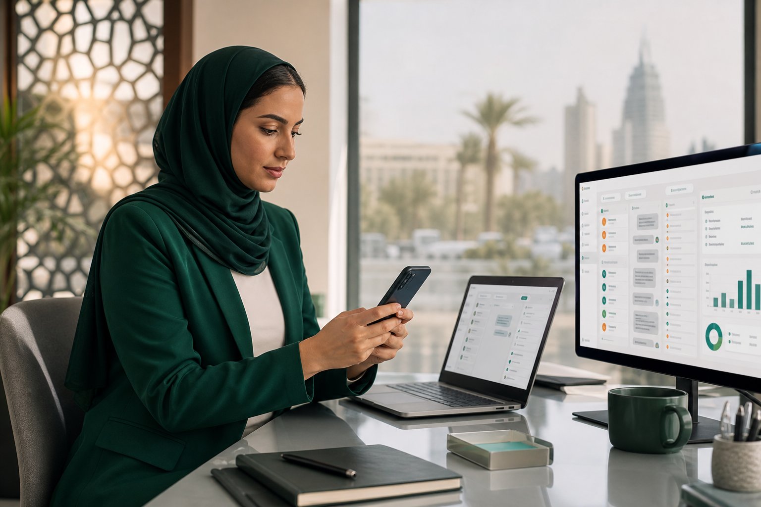 متخصصة اتصالات تدير الرسائل والتنبيهات عبر الهاتف وشاشات المتابعة